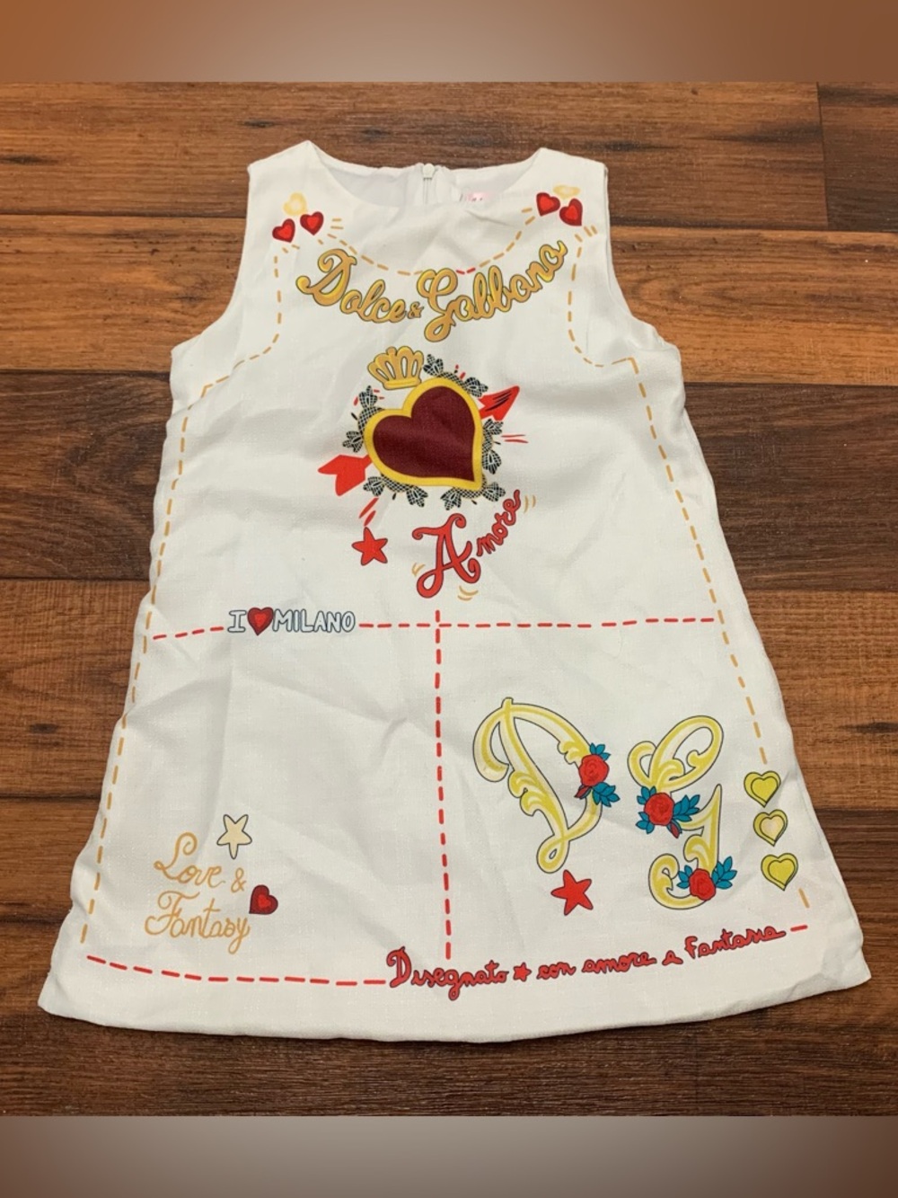 Girls White Sleeveless A-Line Dress Heart Graphic Print Size 5 100% Cotton